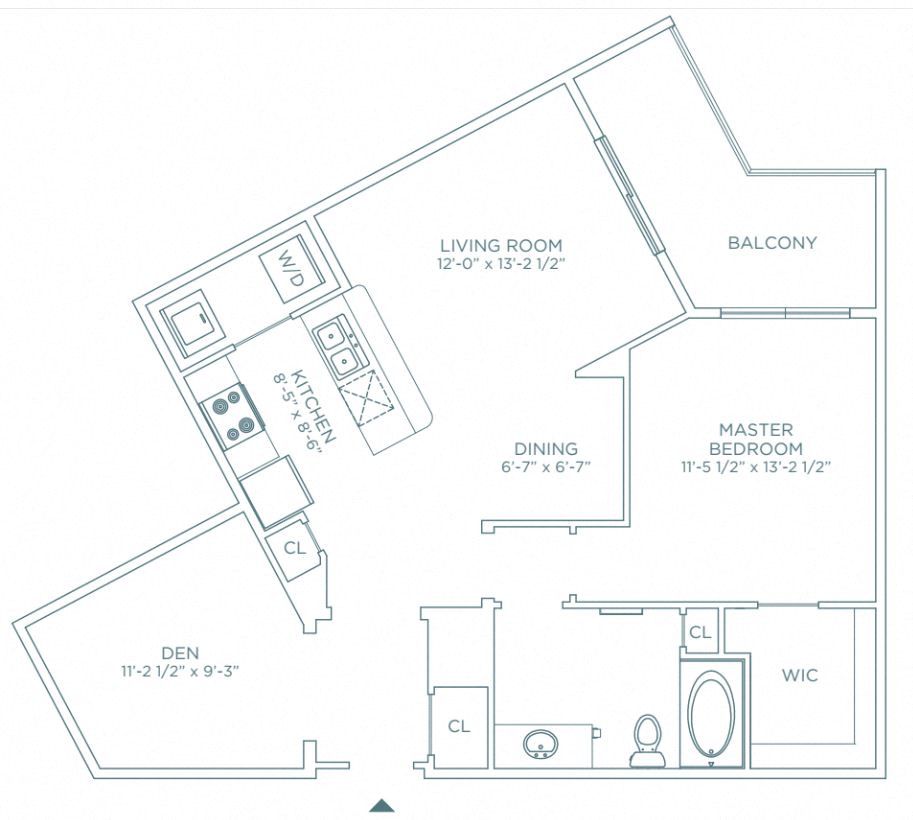 Floor plan for 1 bed, 1 bath, 919 sqft
